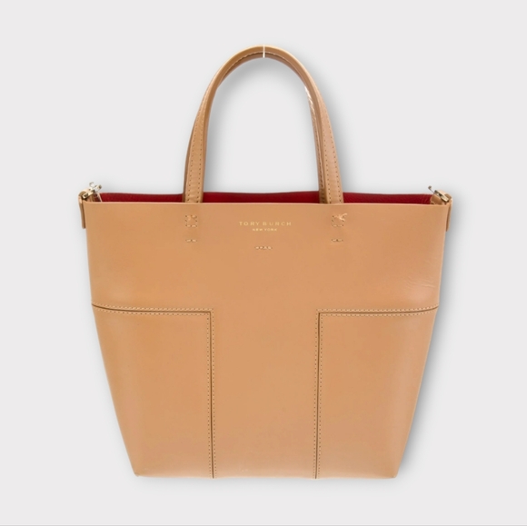 Tory Burch Block T Tote Tan w/ Red Lining - Picture 1 of 16